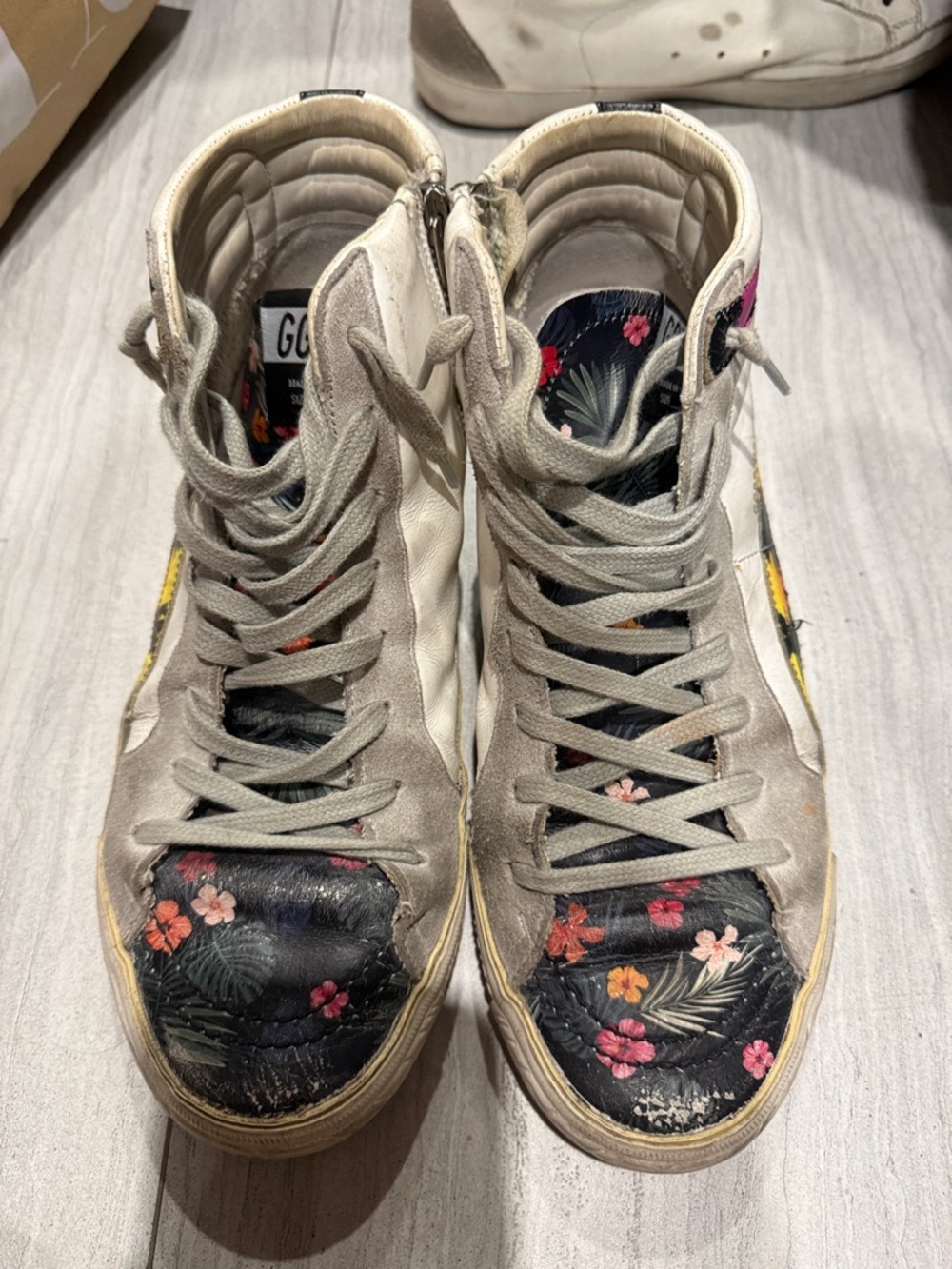 Golden Goose High-Top Sneakers with Floral Black Toe and Cream Upper